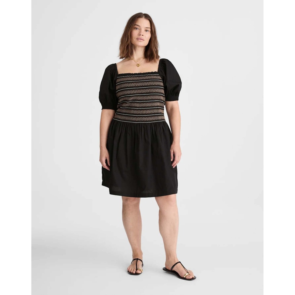 NWT Madewell Poplin Puff Sleeve Mini Dress Black Smocked‎ Small NU780